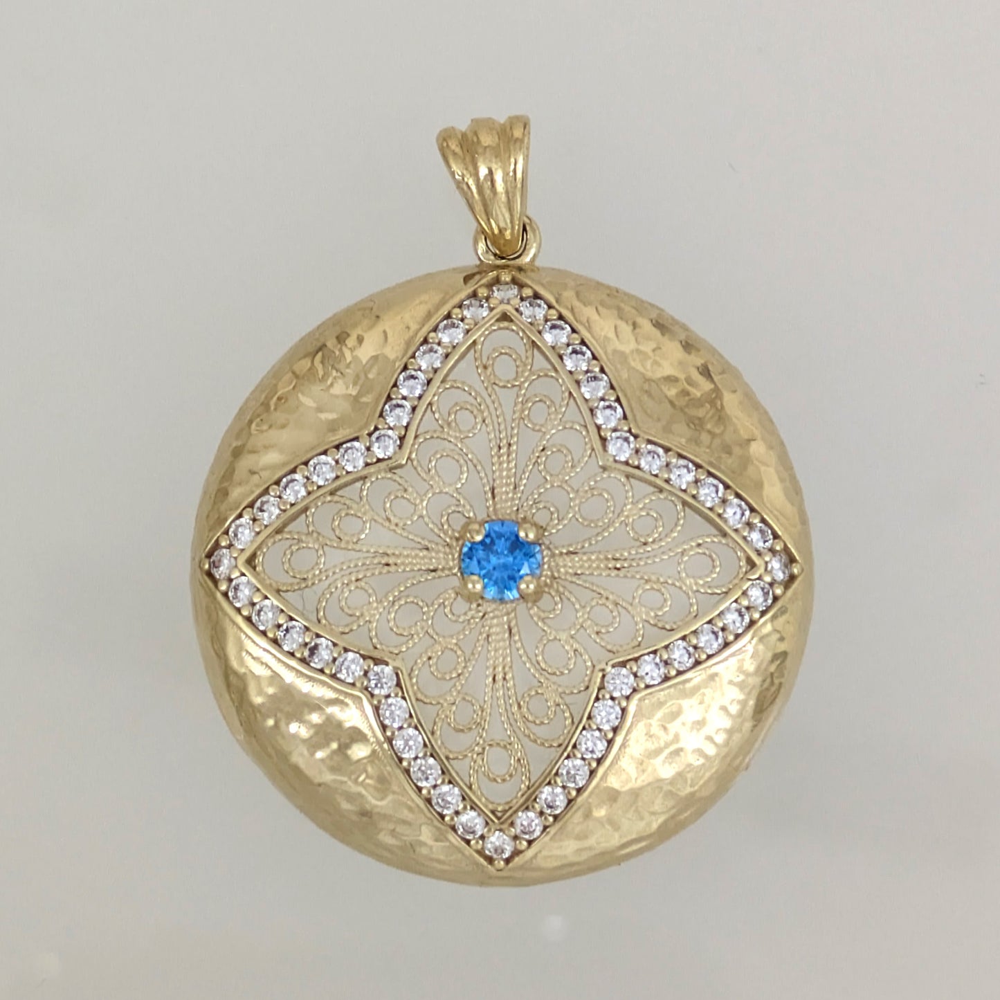 Gold Hammered Disc Pendant Blue CZ Filigree Floral Cross Medallion