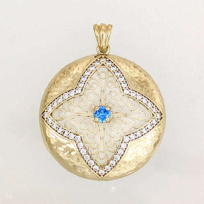Hammered Disc Pendant Blue CZ Filigree Floral Cross Medallion