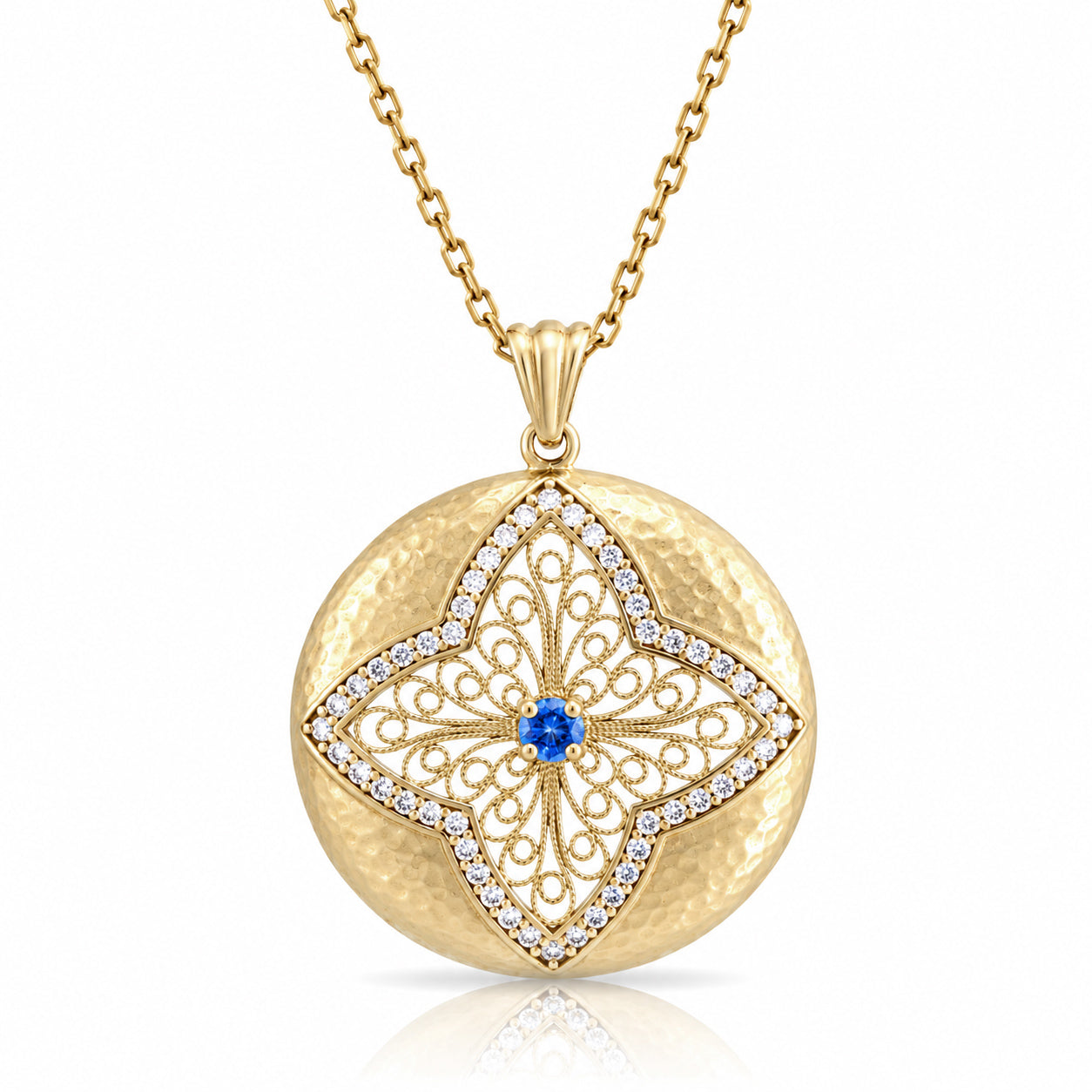 Gold Hammered Disc Pendant Blue CZ Filigree Floral Cross Medallion