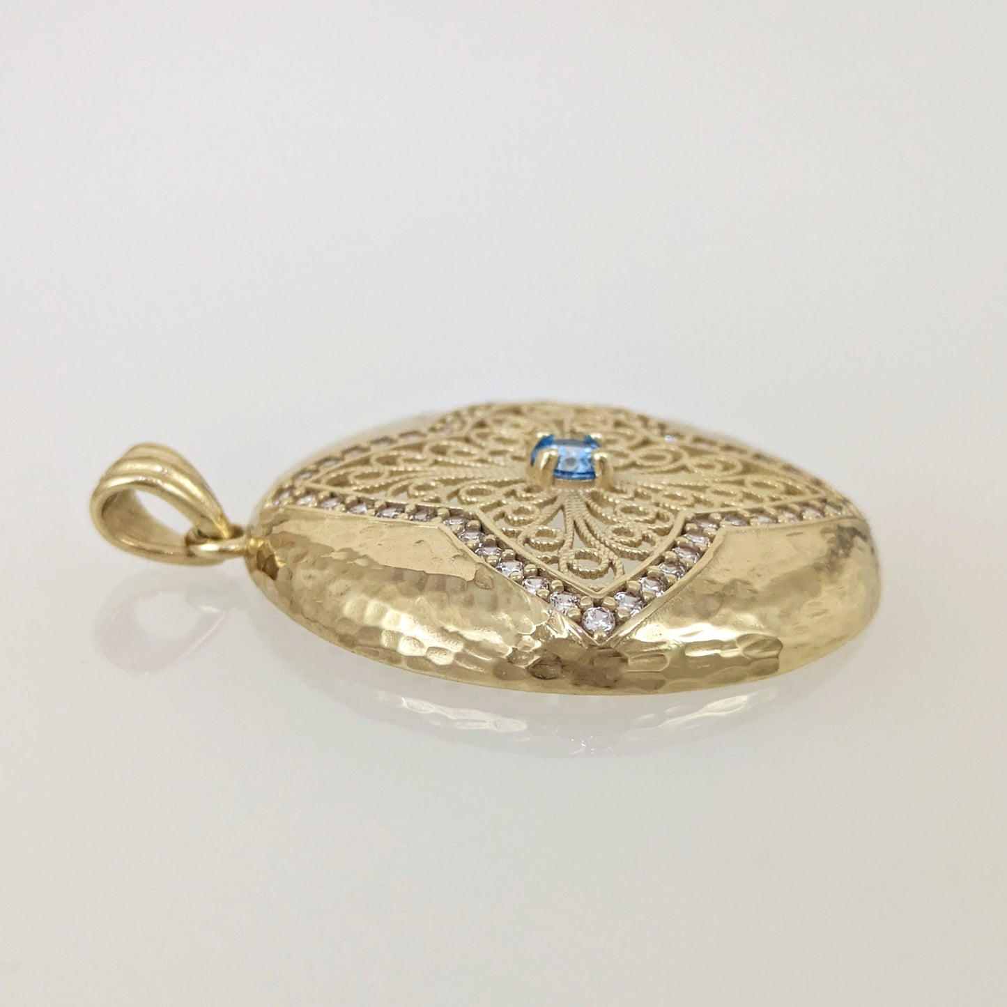 Gold Hammered Disc Pendant Blue CZ Filigree Floral Cross Medallion