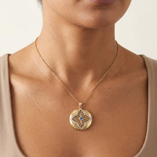 Gold Hammered Disc Pendant Blue CZ Filigree Floral Cross Medallion