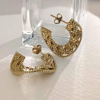 Crescent Hoop Earrings with Turkish Mosaic Texture