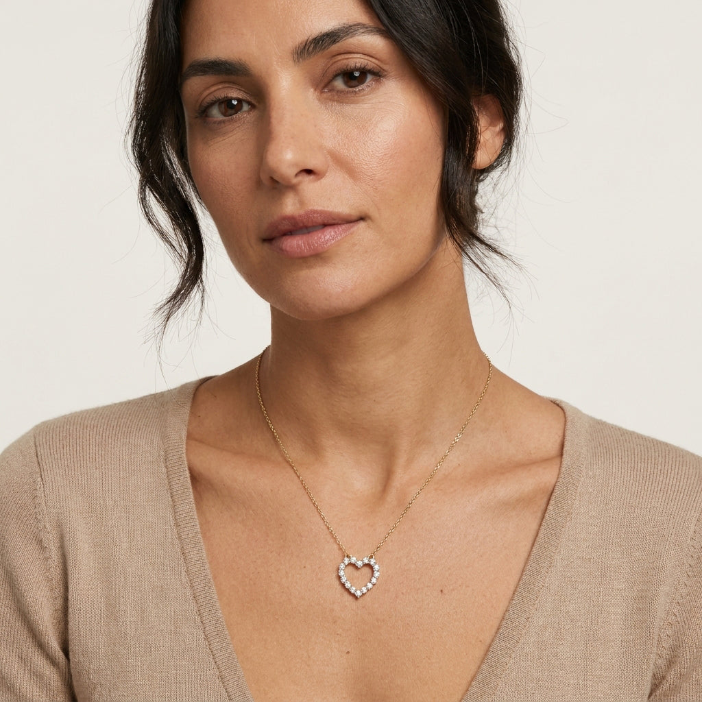Romantic Gold Heart Necklace White CZ Halo Jewelry Gift