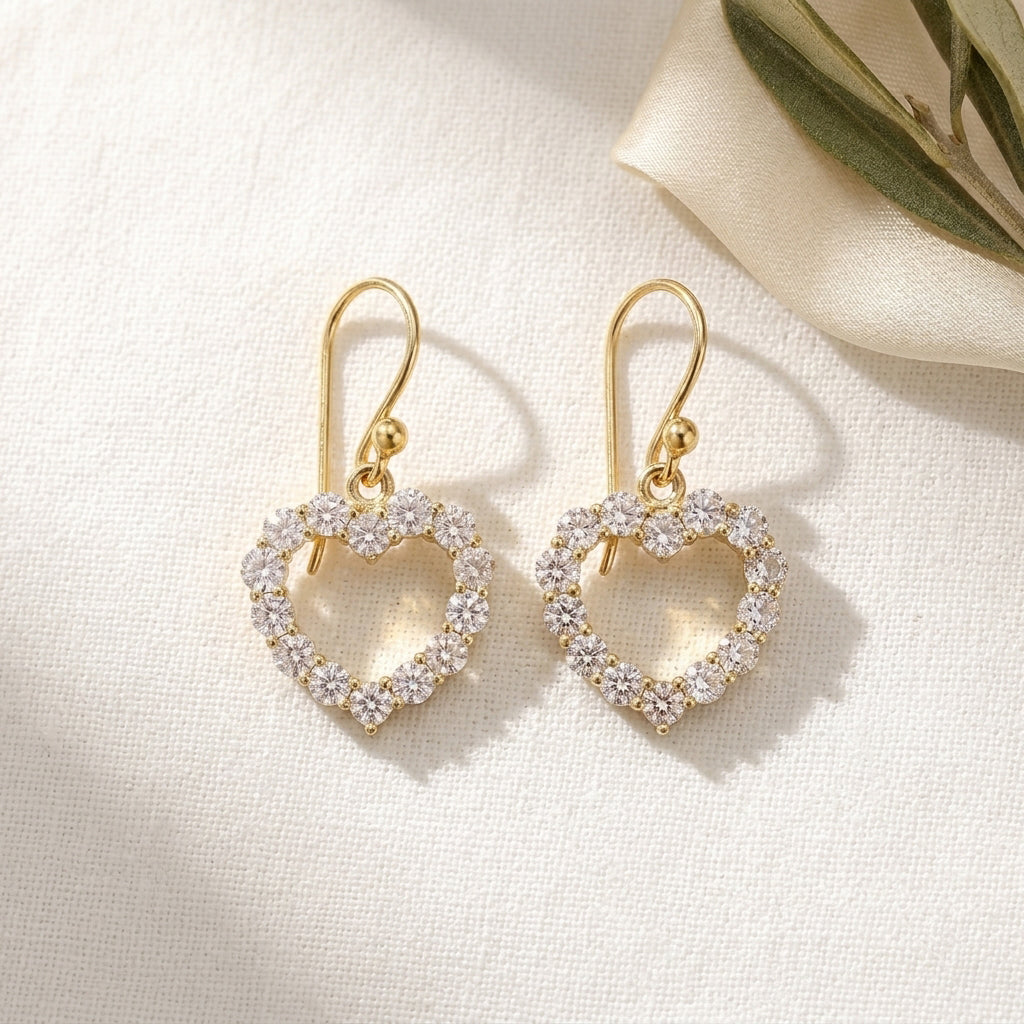 Romantic Gold Heart Earrings White CZ Halo Jewelry