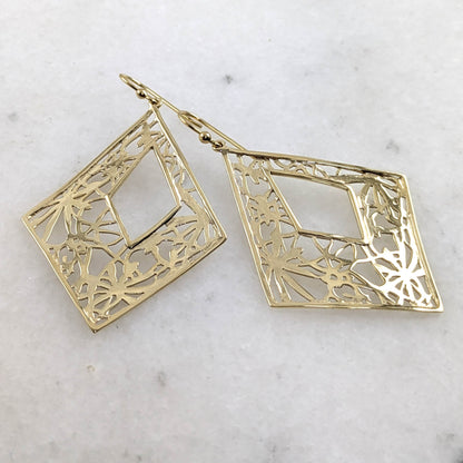 Diamond-Shape Dangle Earrings with Floral Cutout Motif - TurkishBling