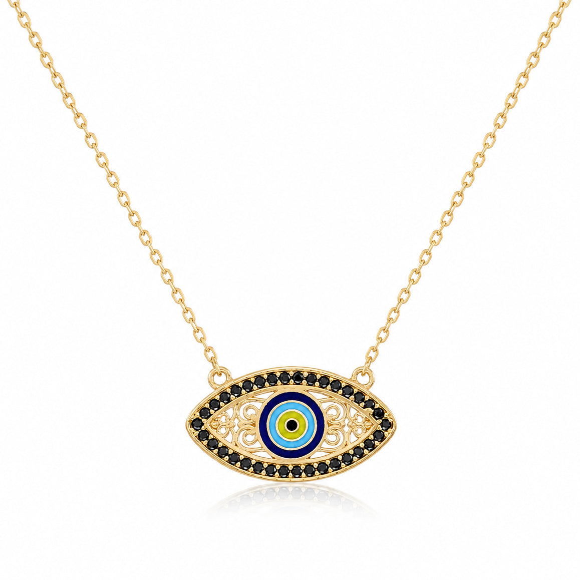 Gold Evil Eye Necklace Black CZ Marquise Nazar Protection Necklace