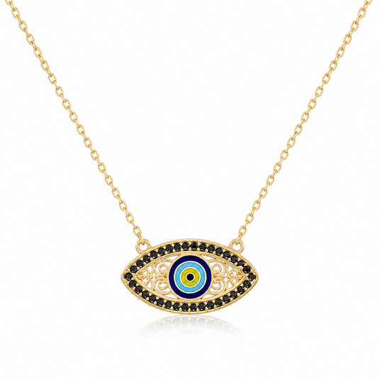Gold Evil Eye Necklace Black CZ Marquise Nazar Protection Necklace