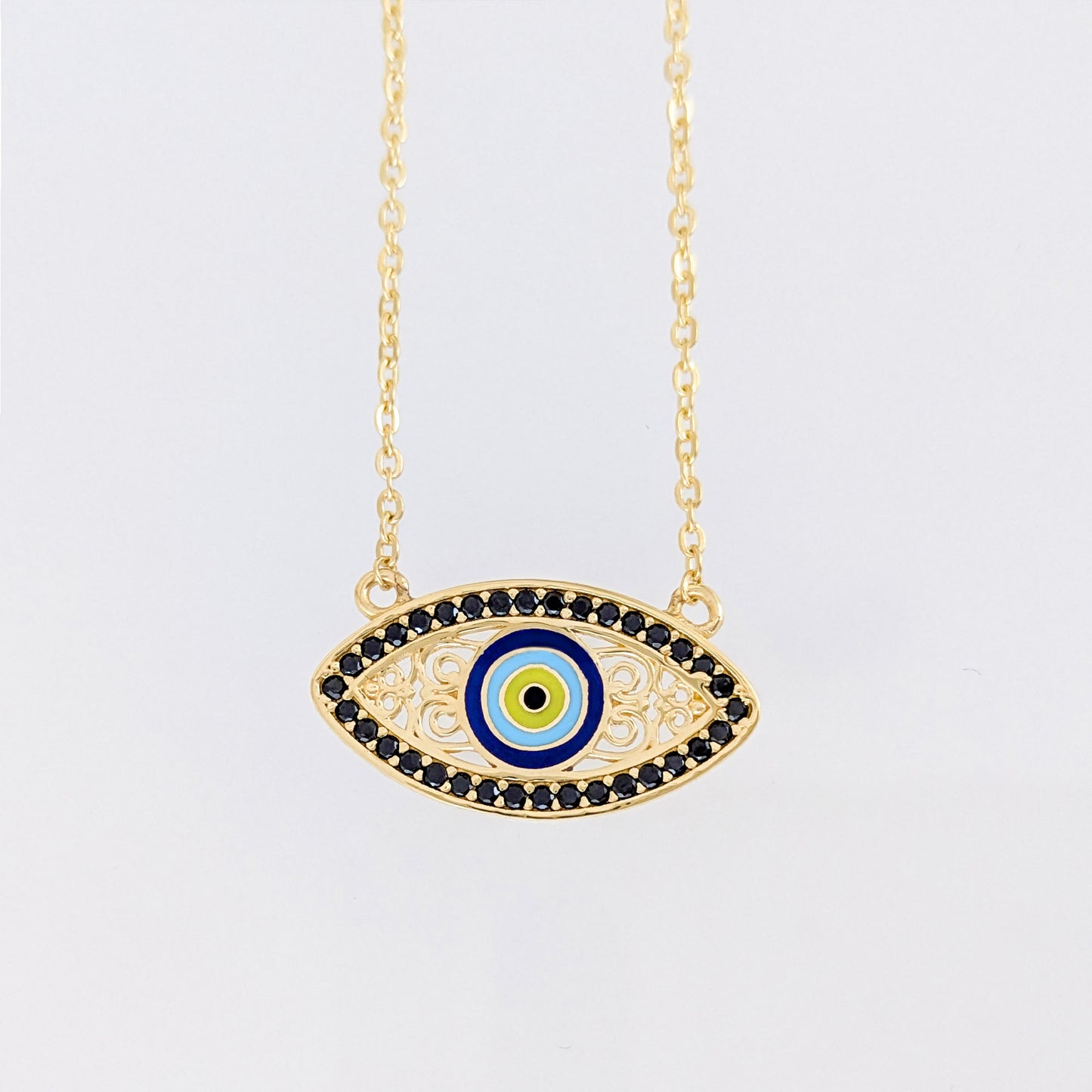Gold Evil Eye Necklace Black CZ Marquise Nazar Protection Necklace