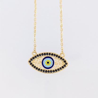 Gold Evil Eye Necklace Black CZ Marquise Nazar Protection Necklace