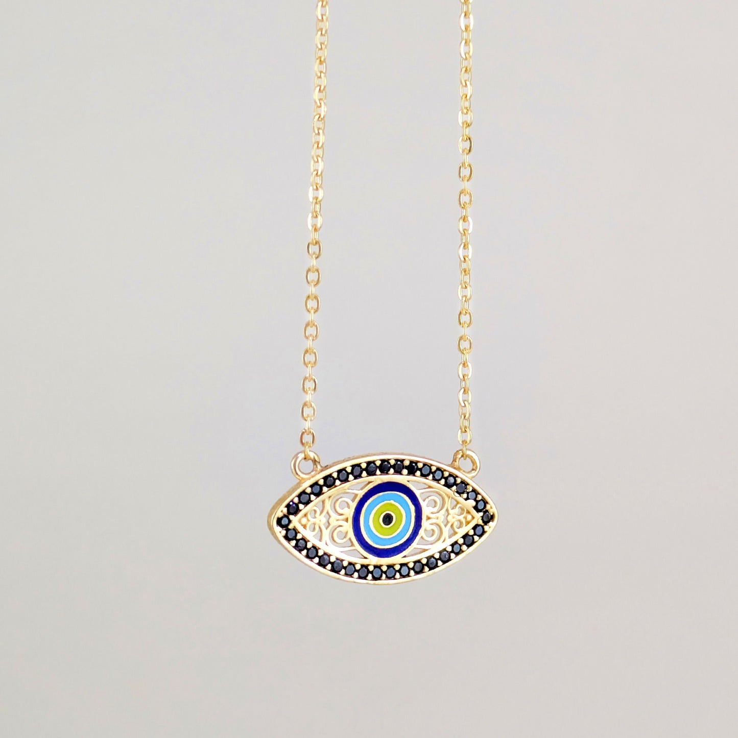 Gold Evil Eye Necklace Black CZ Marquise Nazar Protection Necklace