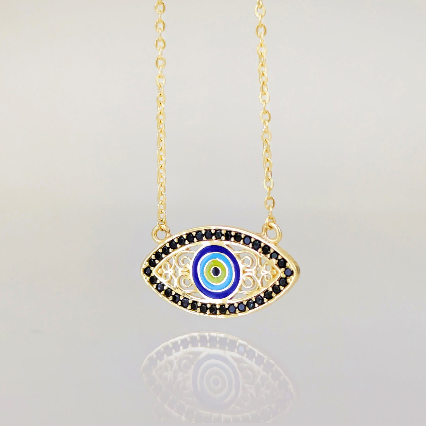 Gold Evil Eye Necklace Black CZ Marquise Nazar Protection Necklace