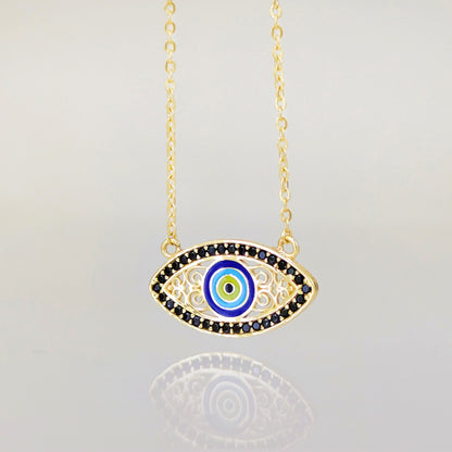 Gold Evil Eye Necklace Black CZ Marquise Nazar Protection Necklace