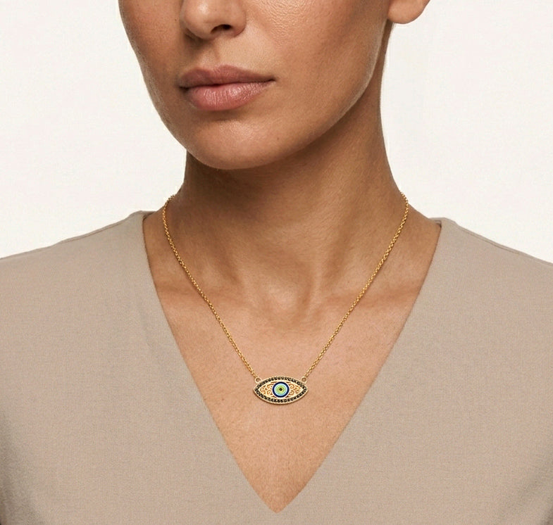 Gold Evil Eye Necklace Black CZ Marquise Nazar Protection Necklace