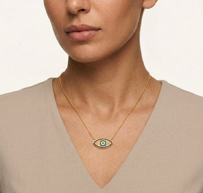 Gold Evil Eye Necklace Black CZ Marquise Nazar Protection Necklace