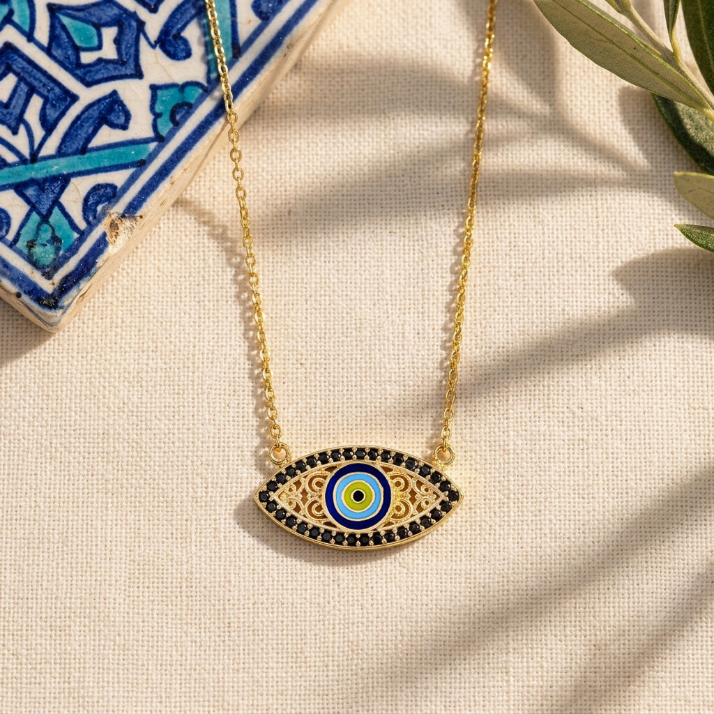Gold Evil Eye Necklace Black CZ Marquise Nazar Protection Necklace