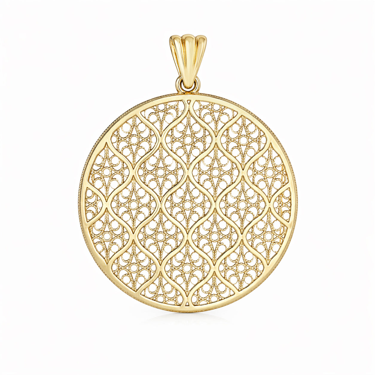 Gold Filigree Round Pendant Geometric Openwork Medallion Charm