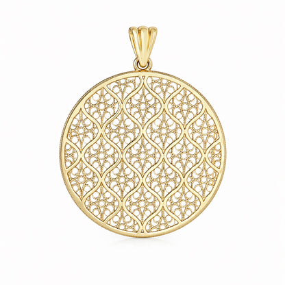 Gold Filigree Round Pendant Geometric Openwork Medallion Charm