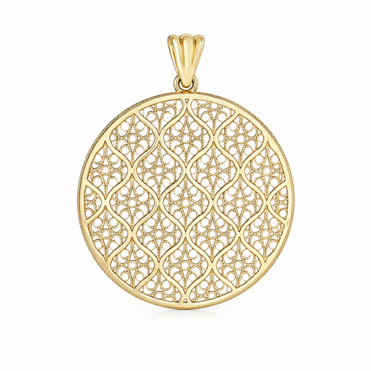 Gold Filigree Round Pendant Geometric Openwork Medallion Charm