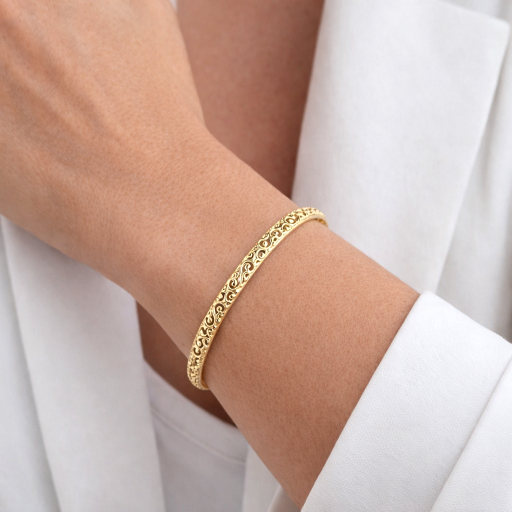 Open Scrollwork Bangle Bracelet – Easy Click Top Closure, 7 Inch Design