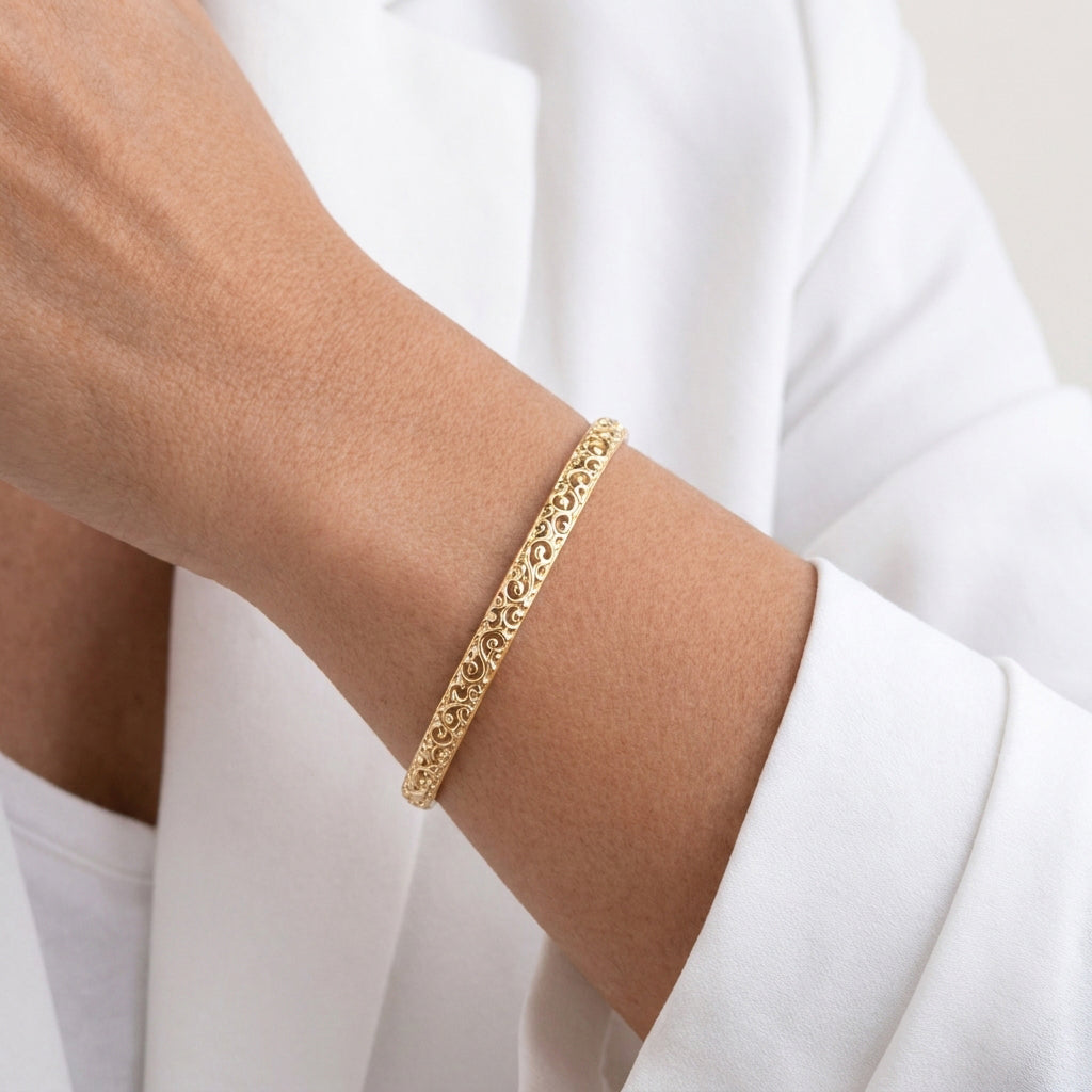 Open Scrollwork Bangle Bracelet – Easy Click Top Closure, 7 Inch Design