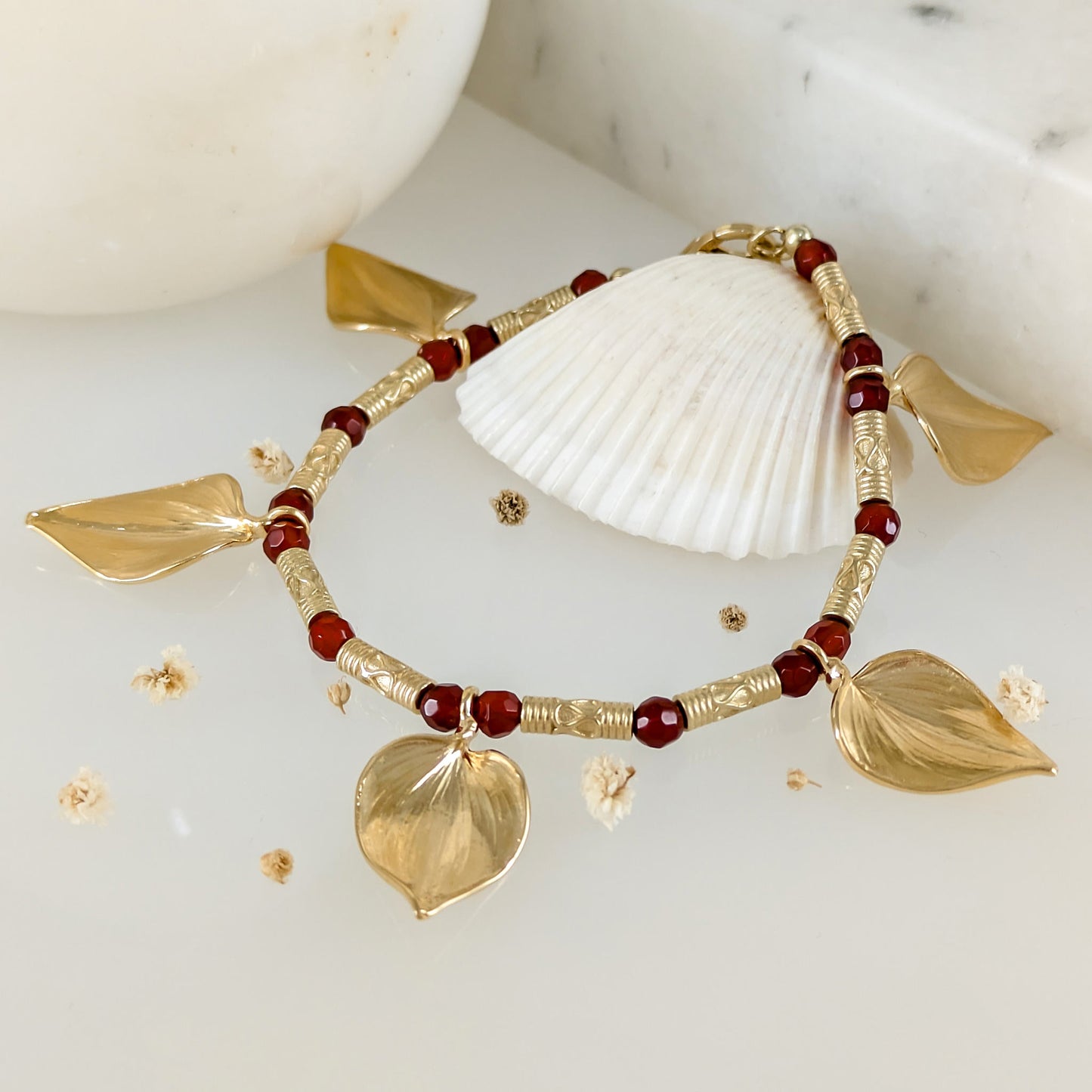 Leaf Charm Bracelet with Carnelian Beads