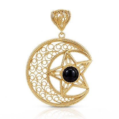 Gold Crescent Moon and Star Pendant with Black Onyx – Handcrafted Celestial Jewelry