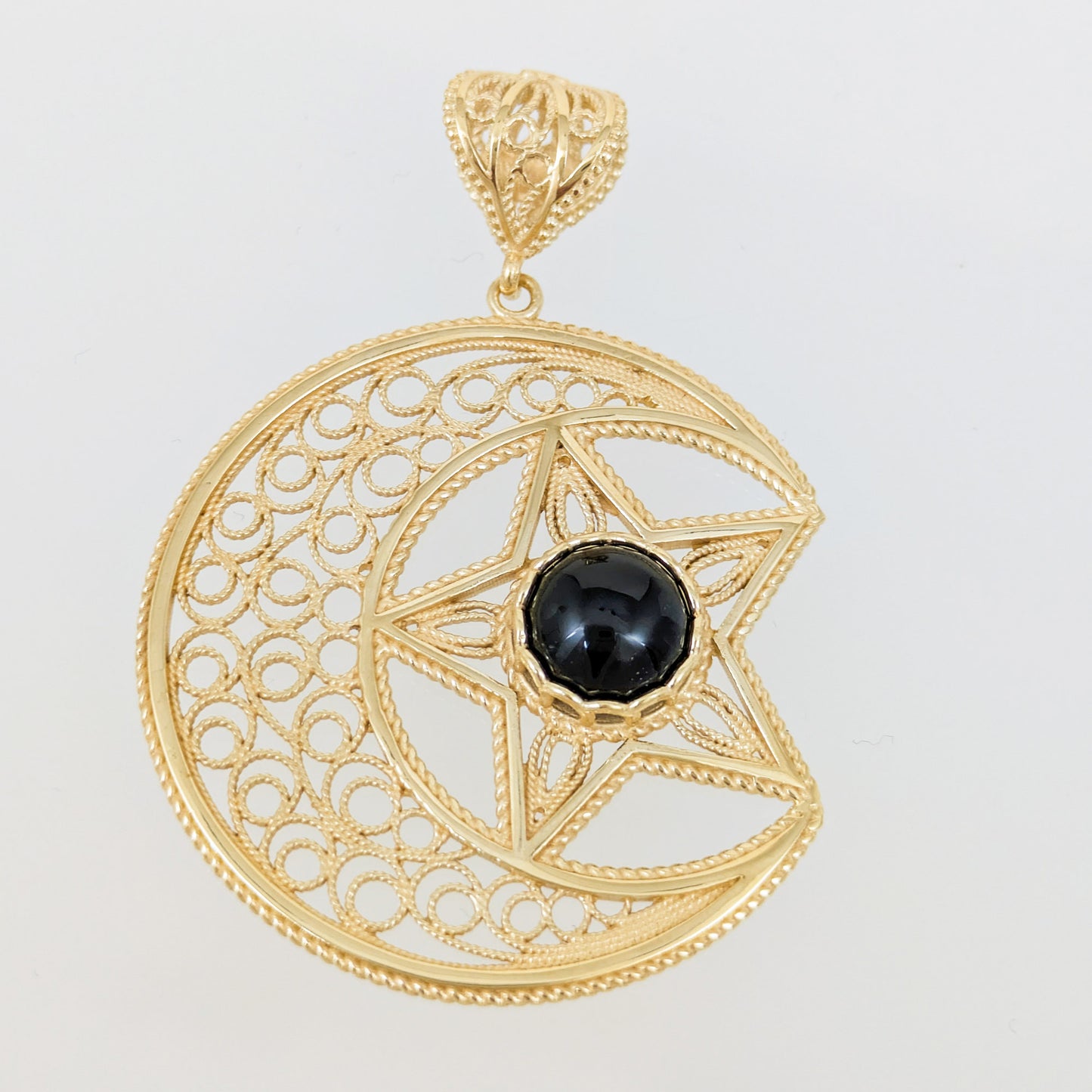 Gold Crescent Moon and Star Pendant with Black Onyx – Handcrafted Celestial Jewelry