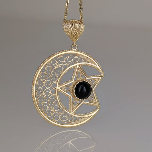 Gold Crescent Moon and Star Pendant with Black Onyx – Handcrafted Celestial Jewelry