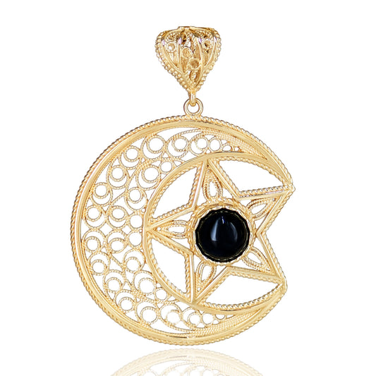 Gold Crescent Moon and Star Pendant with Black Onyx – Handcrafted Celestial Jewelry