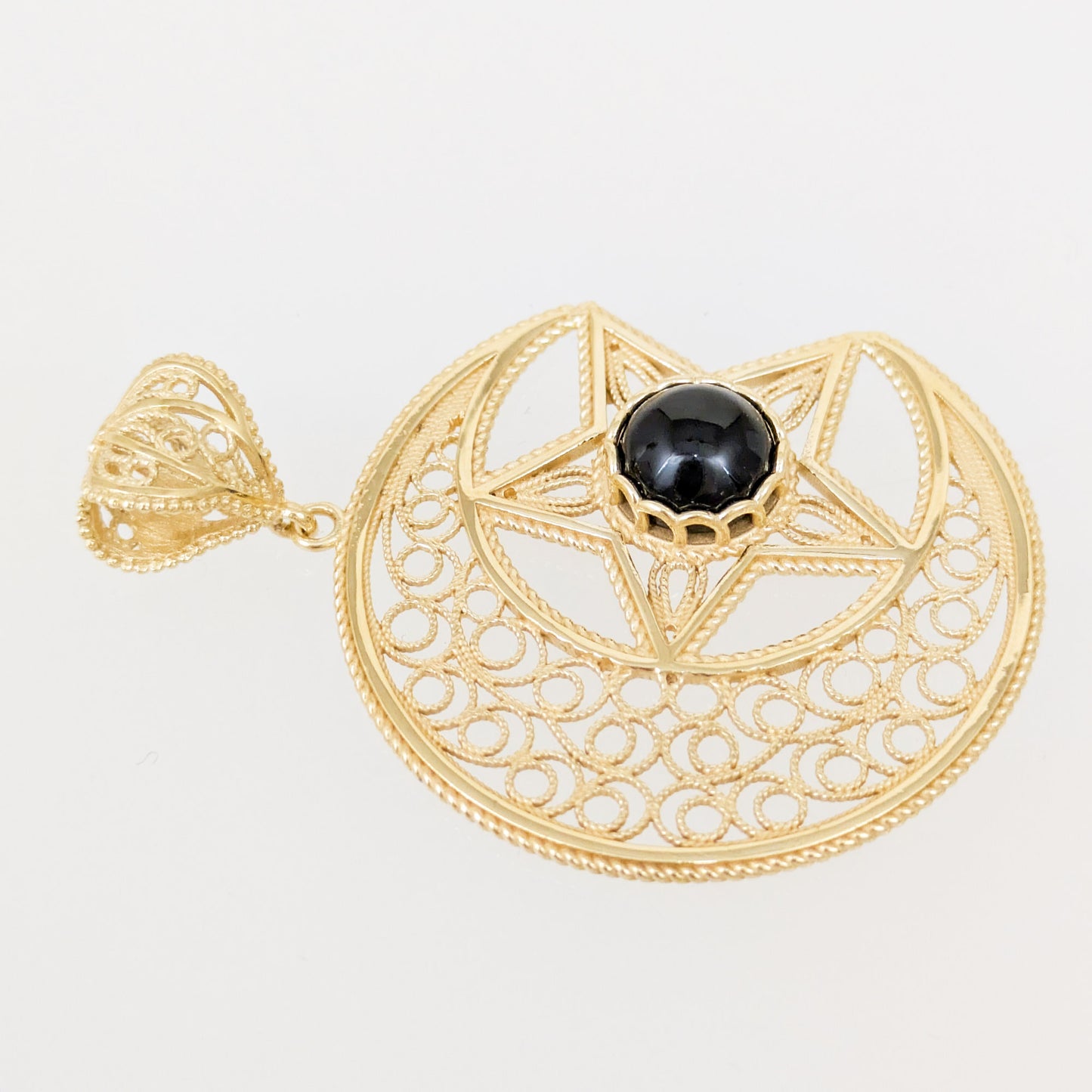 Gold Crescent Moon and Star Pendant with Black Onyx – Handcrafted Celestial Jewelry