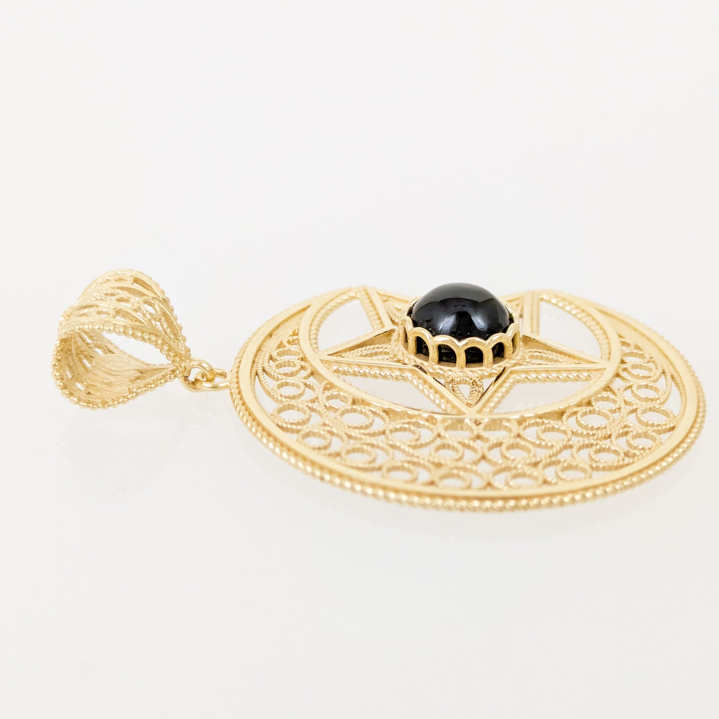 Gold Crescent Moon and Star Pendant with Black Onyx – Handcrafted Celestial Jewelry