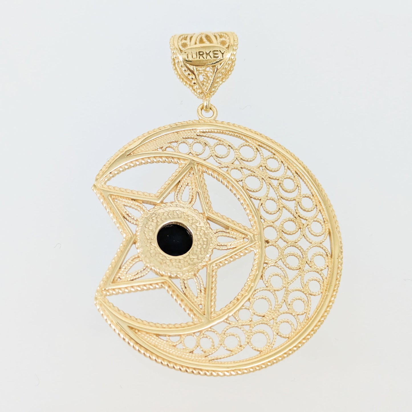 Gold Crescent Moon and Star Pendant with Black Onyx – Handcrafted Celestial Jewelry