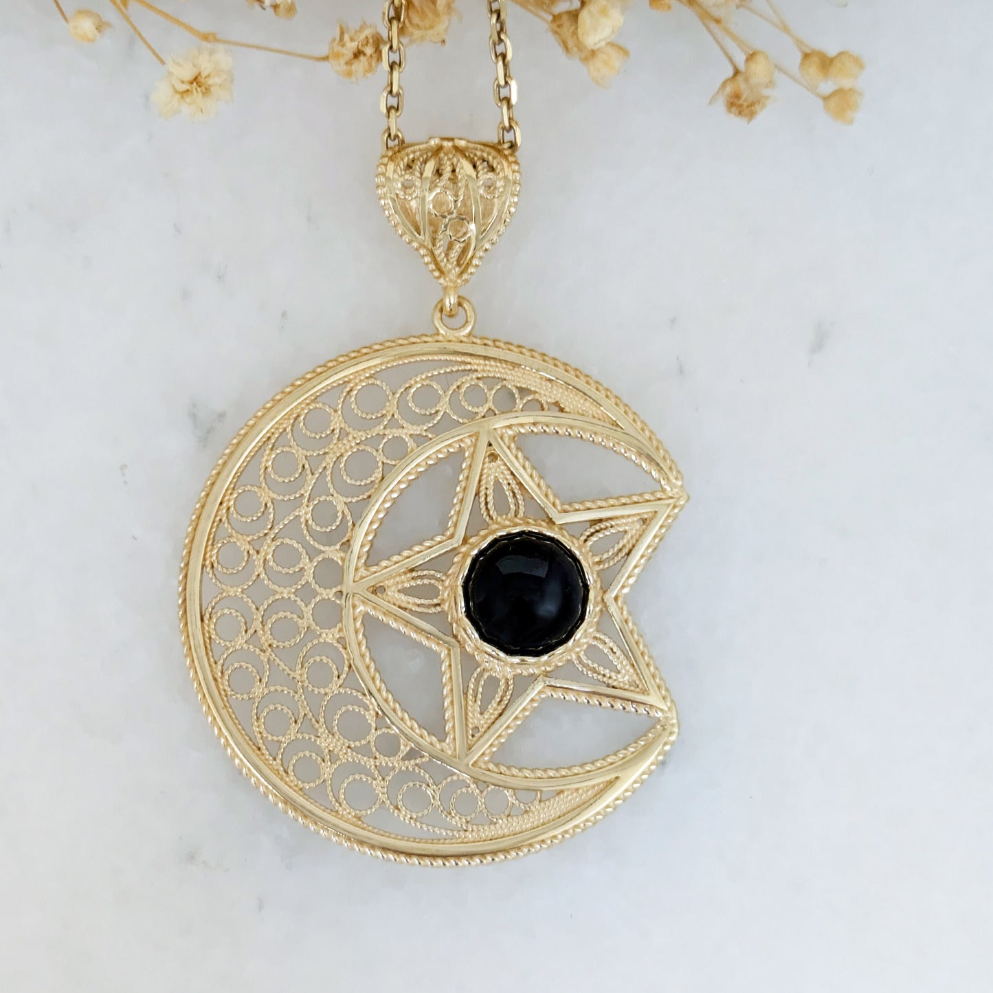 Gold Crescent Moon and Star Pendant with Black Onyx – Handcrafted Celestial Jewelry