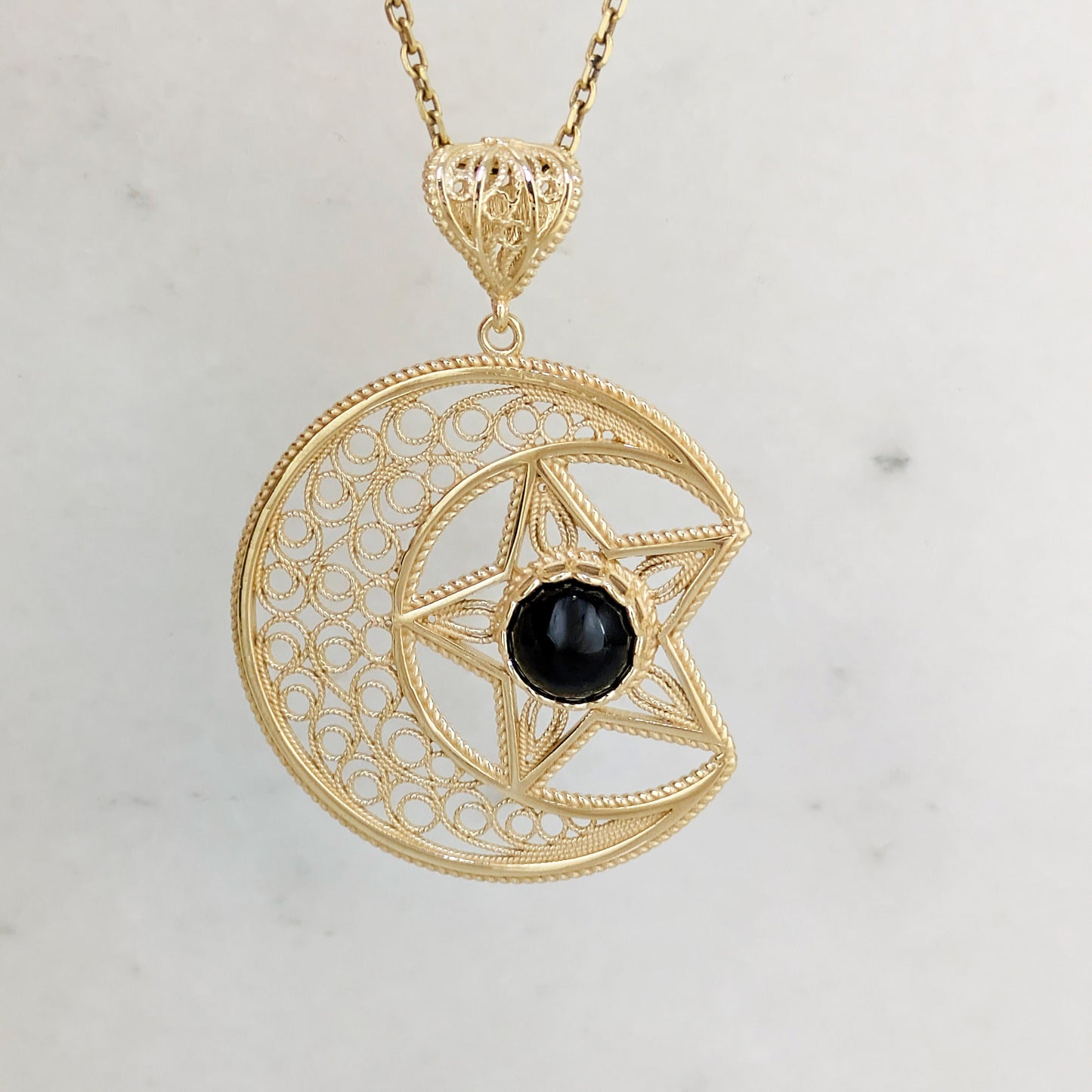 Gold Crescent Moon and Star Pendant with Black Onyx – Handcrafted Celestial Jewelry