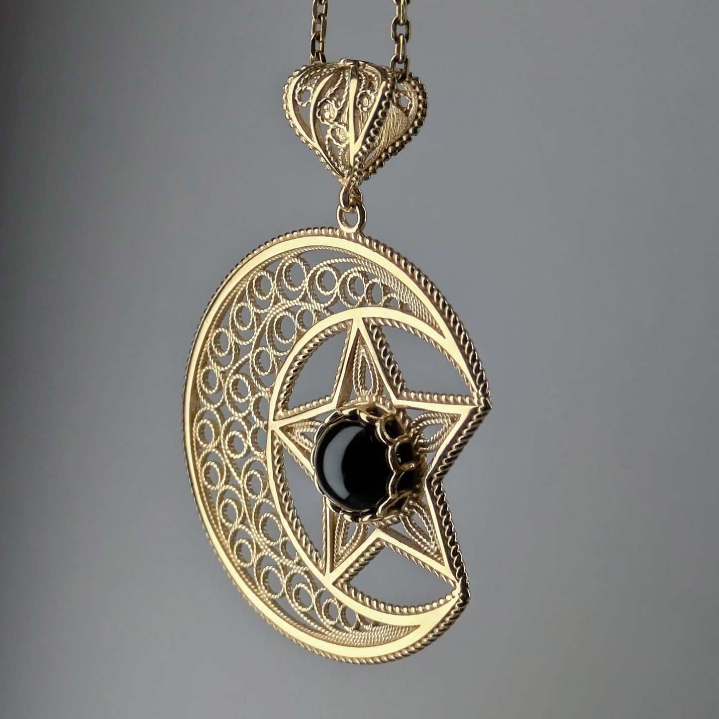 Gold Crescent Moon and Star Pendant with Black Onyx – Handcrafted Celestial Jewelry