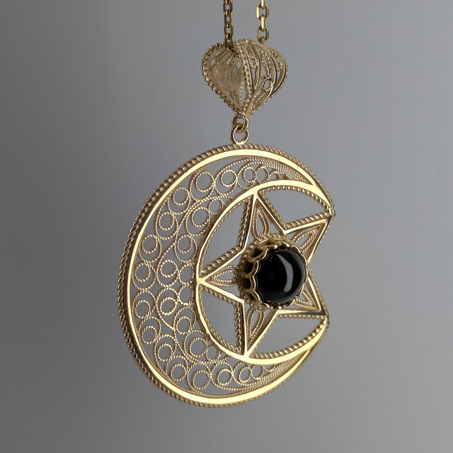 Gold Crescent Moon and Star Pendant with Black Onyx – Handcrafted Celestial Jewelry