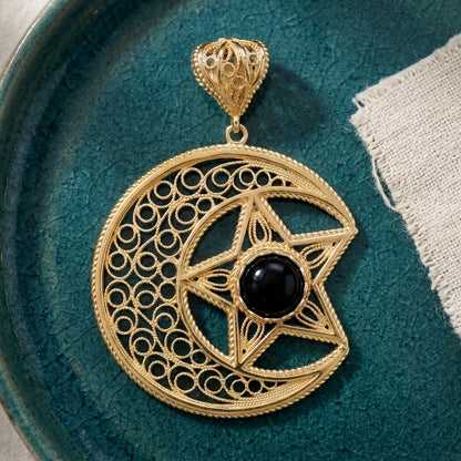 Gold Crescent Moon and Star Pendant with Black Onyx – Handcrafted Celestial Jewelry