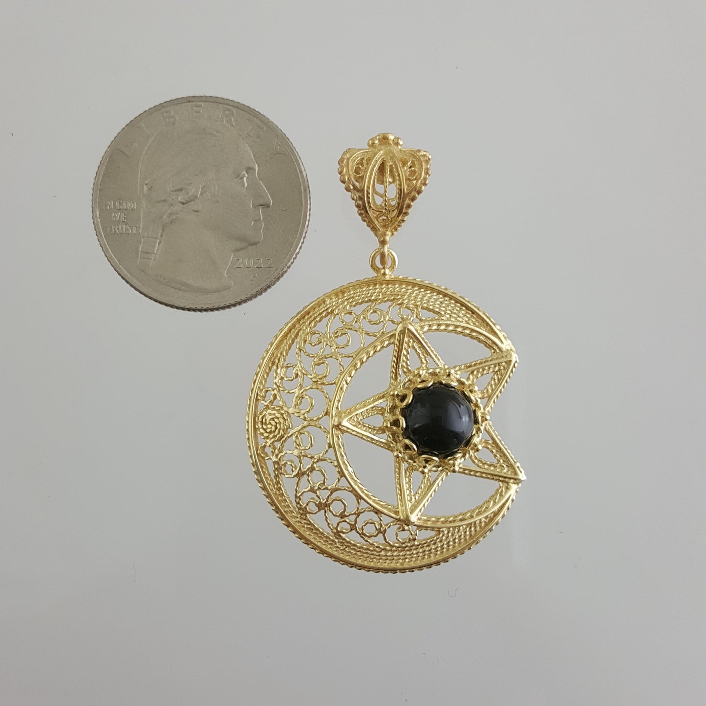 Gold Crescent Moon and Star Pendant with Black Onyx – Handcrafted Celestial Jewelry