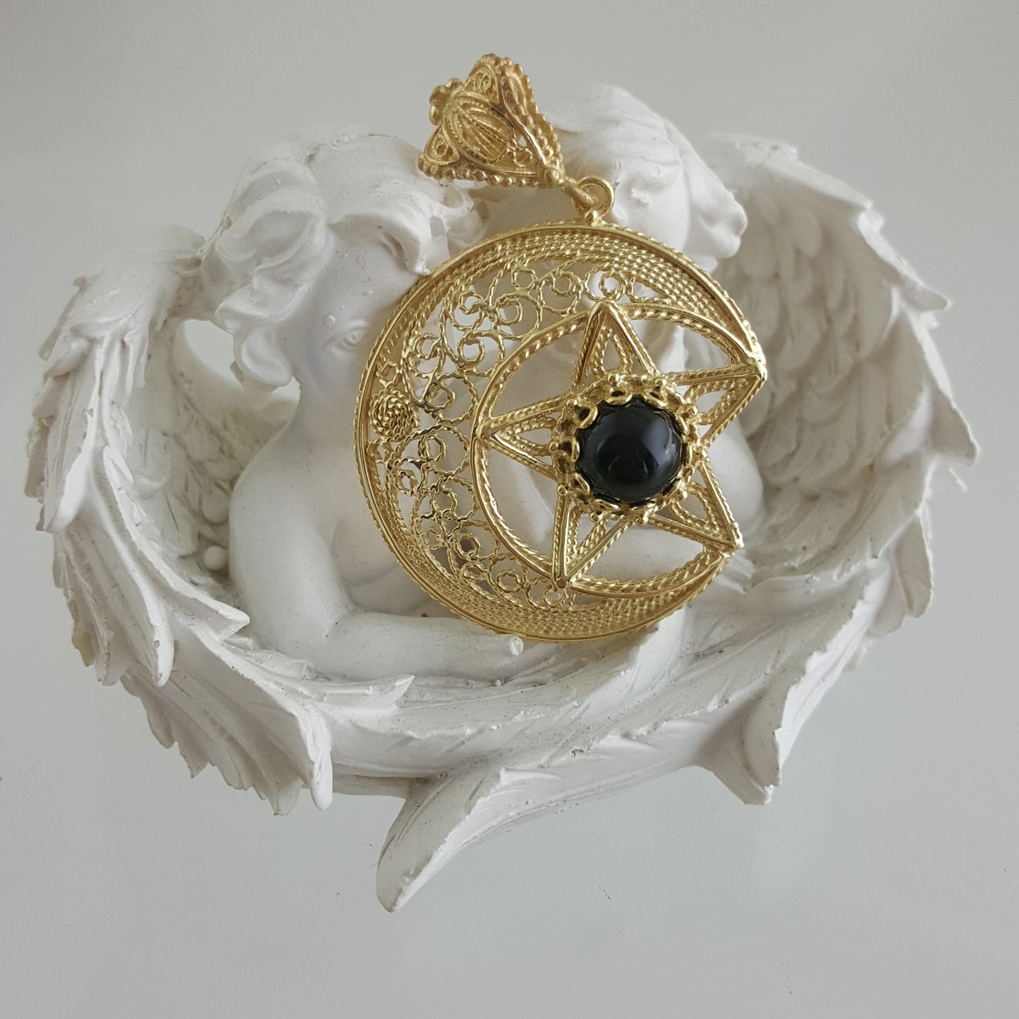 Gold Crescent Moon and Star Pendant with Black Onyx – Handcrafted Celestial Jewelry