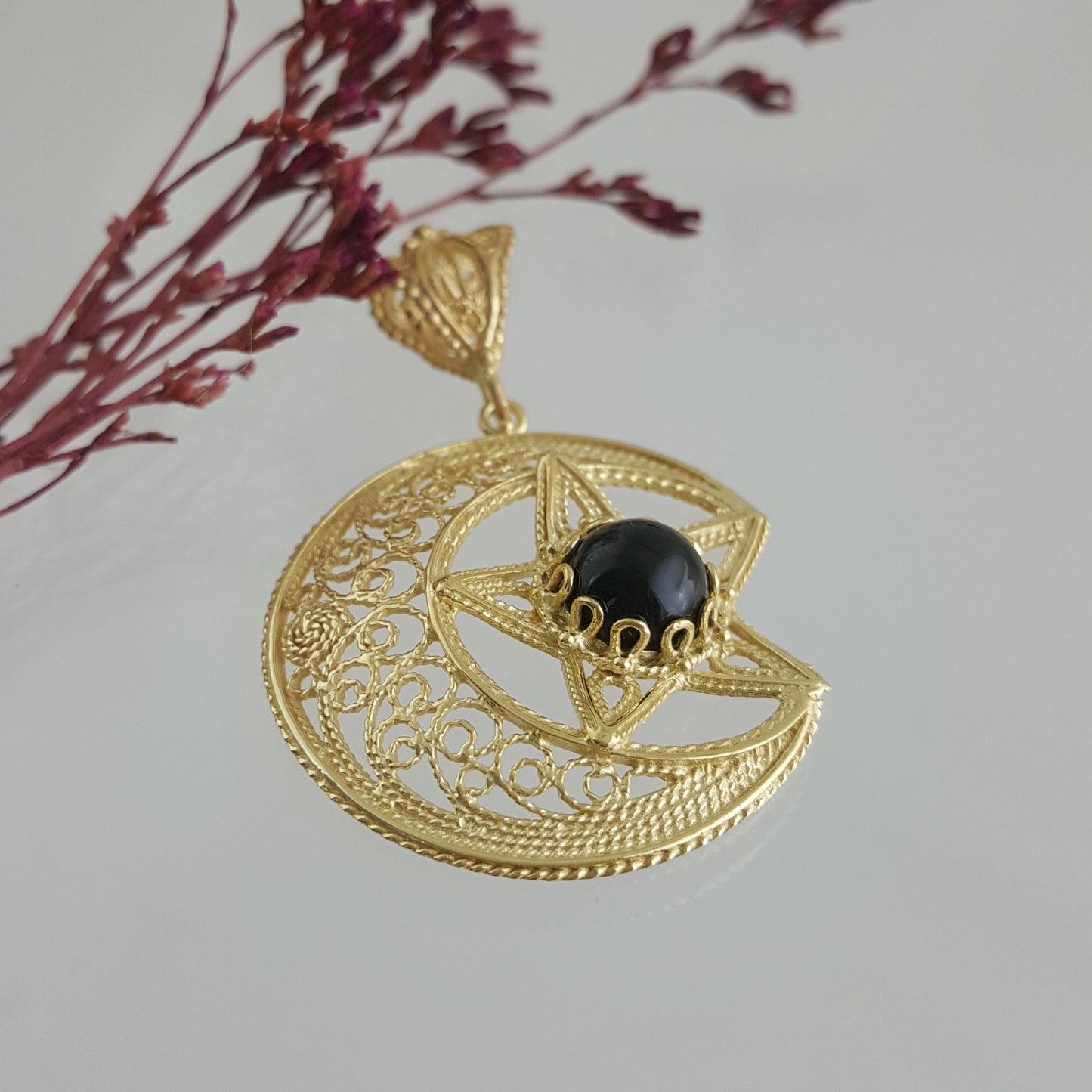 Gold Crescent Moon and Star Pendant with Black Onyx – Handcrafted Celestial Jewelry