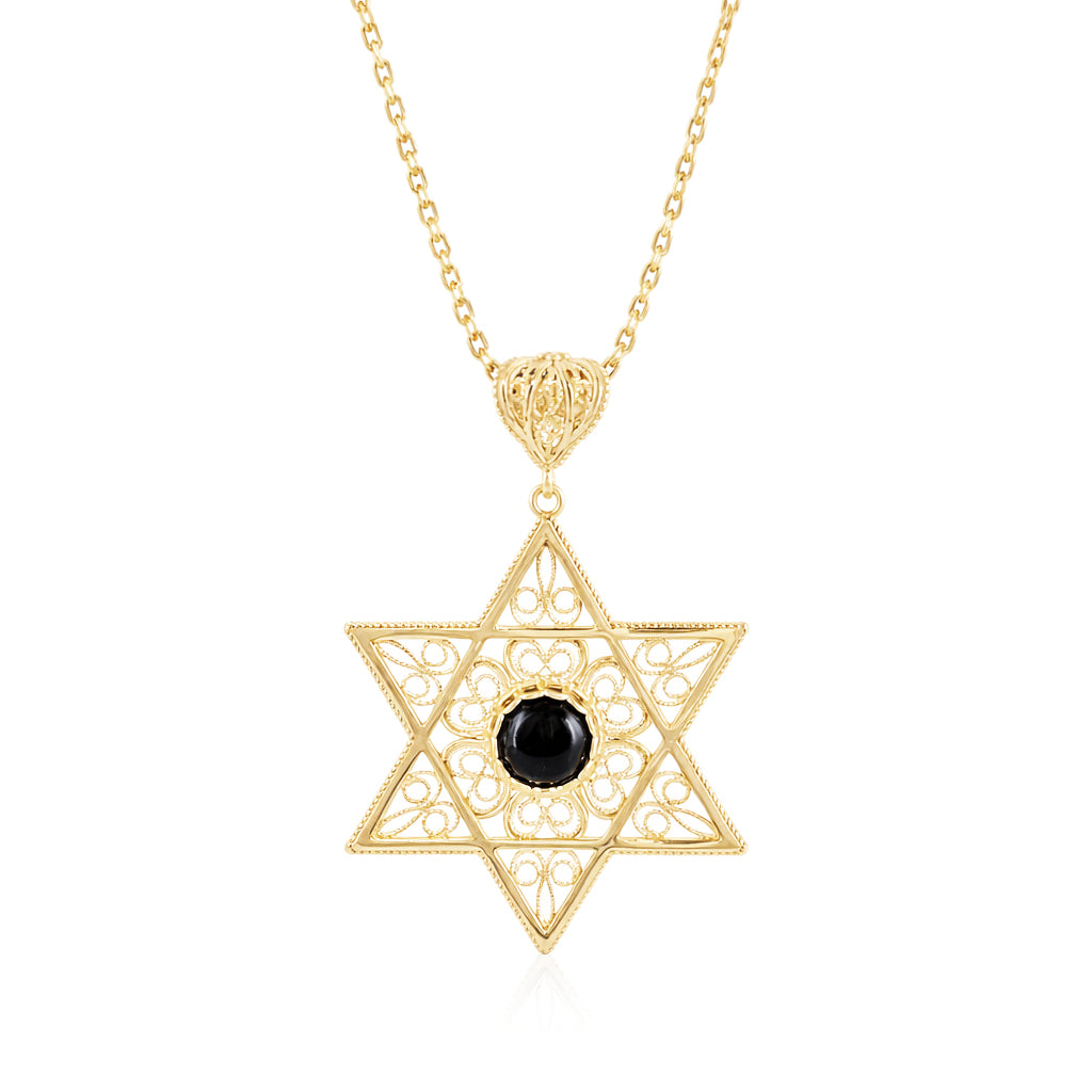 Gold Star of David Filigree Pendant with Black Onyx – Handcrafted Artisan Necklace