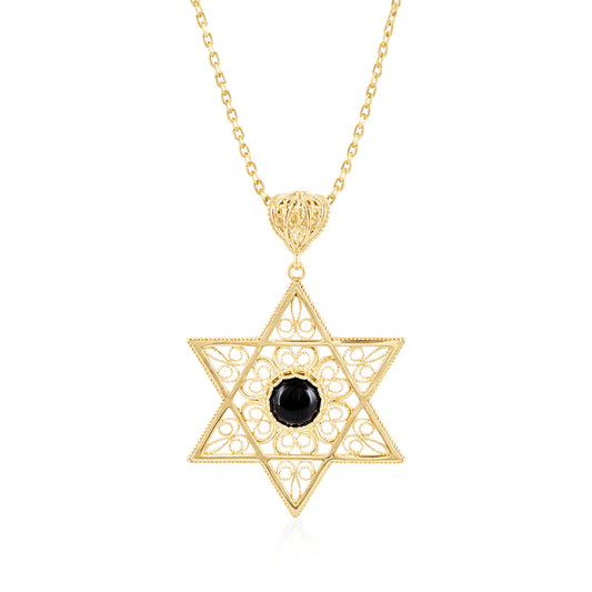 Gold Star of David Filigree Pendant with Black Onyx – Handcrafted Artisan Necklace