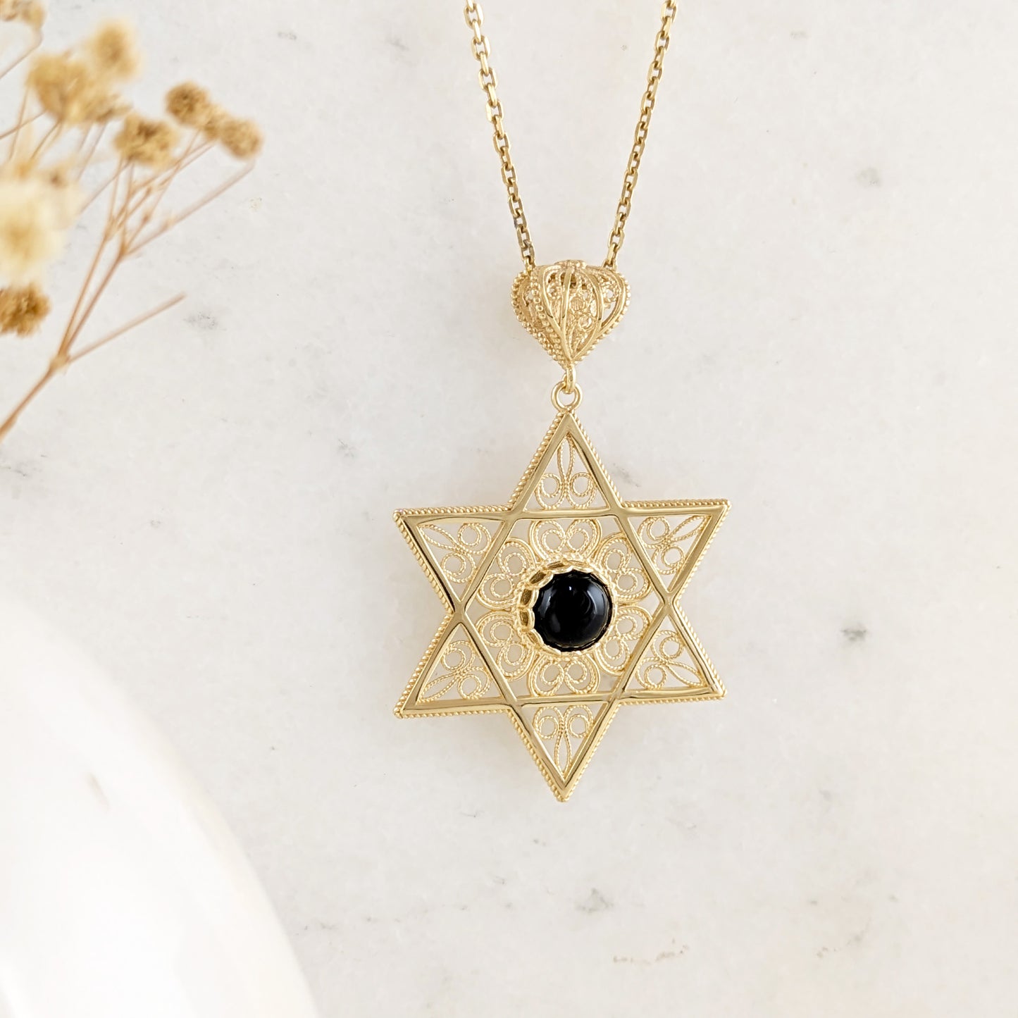 Gold Star of David Filigree Pendant with Black Onyx – Handcrafted Artisan Necklace