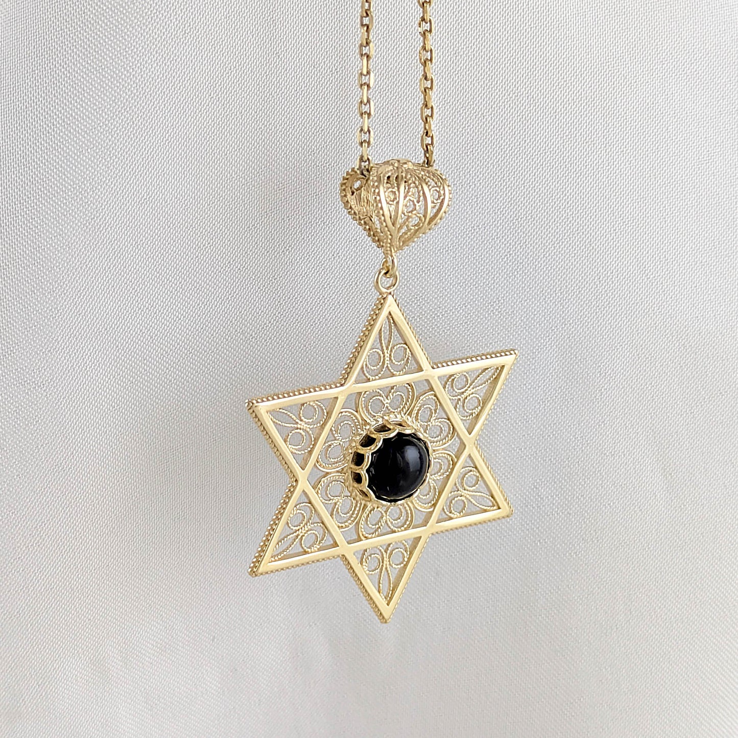 Gold Star of David Filigree Pendant with Black Onyx – Handcrafted Artisan Necklace