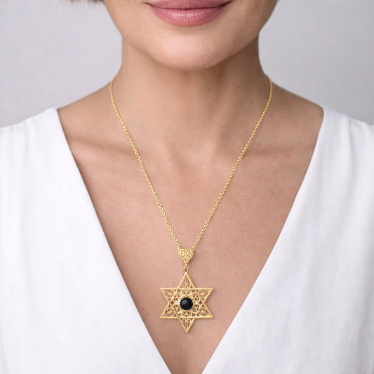 Gold Star of David Filigree Pendant with Black Onyx – Handcrafted Artisan Necklace
