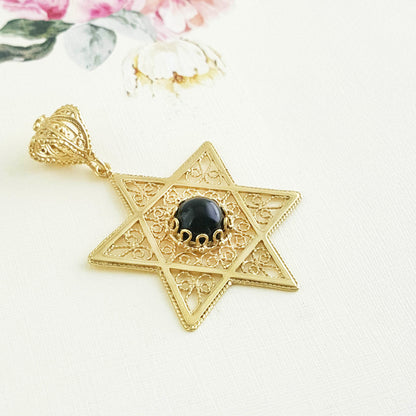 Gold Star of David Filigree Pendant with Black Onyx – Handcrafted Artisan Necklace