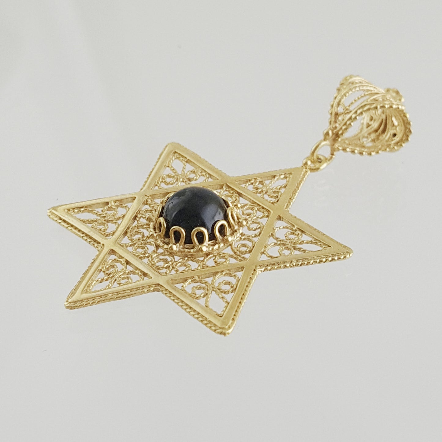 Gold Star of David Filigree Pendant with Black Onyx – Handcrafted Artisan Necklace