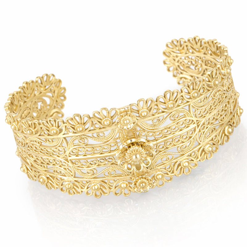 Wide Filigree Cuff Bracelet with Floral Openwork