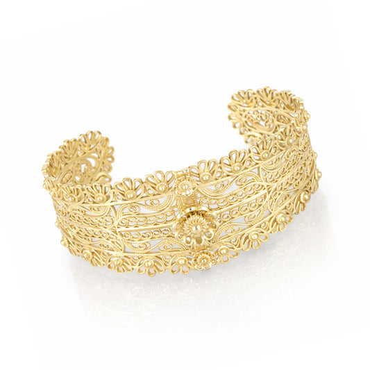 Wide Filigree Cuff Bracelet with Floral Openwork