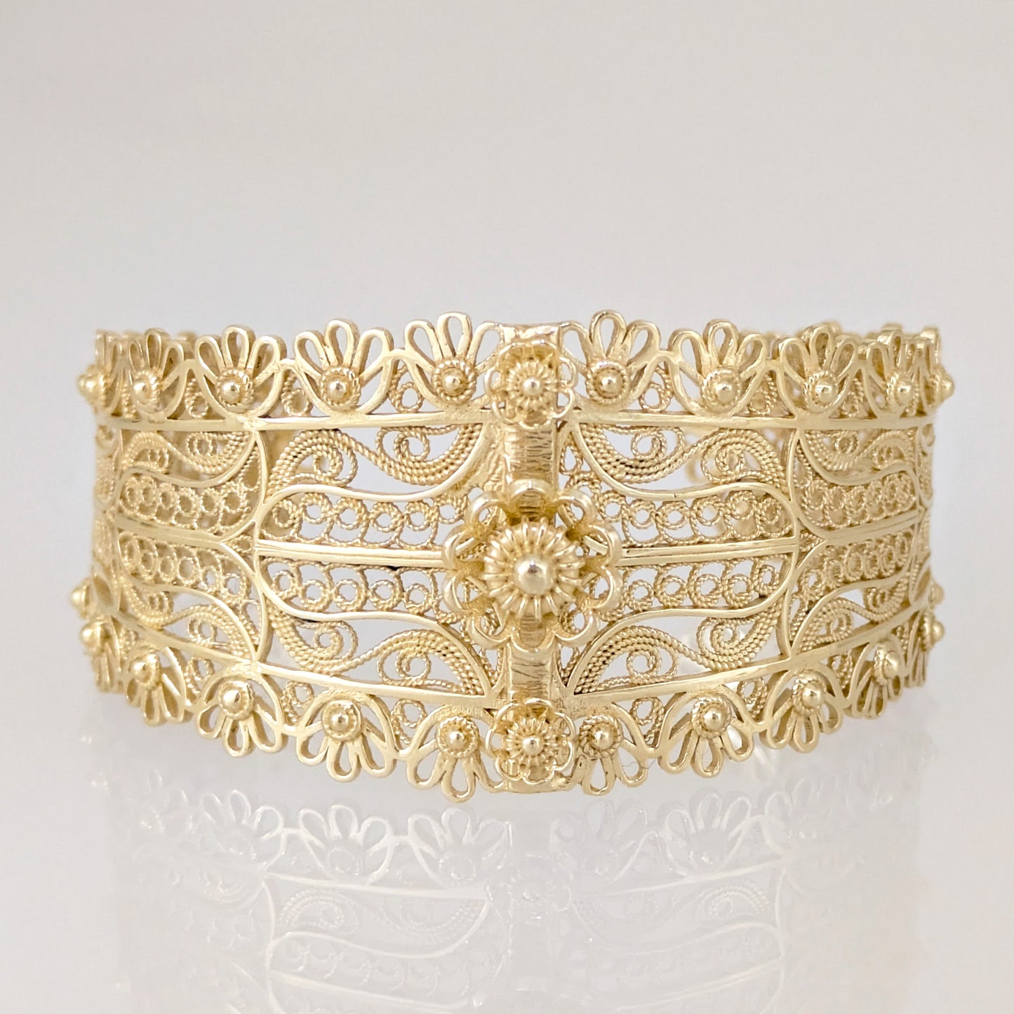 Wide Filigree Cuff Bracelet with Floral Openwork